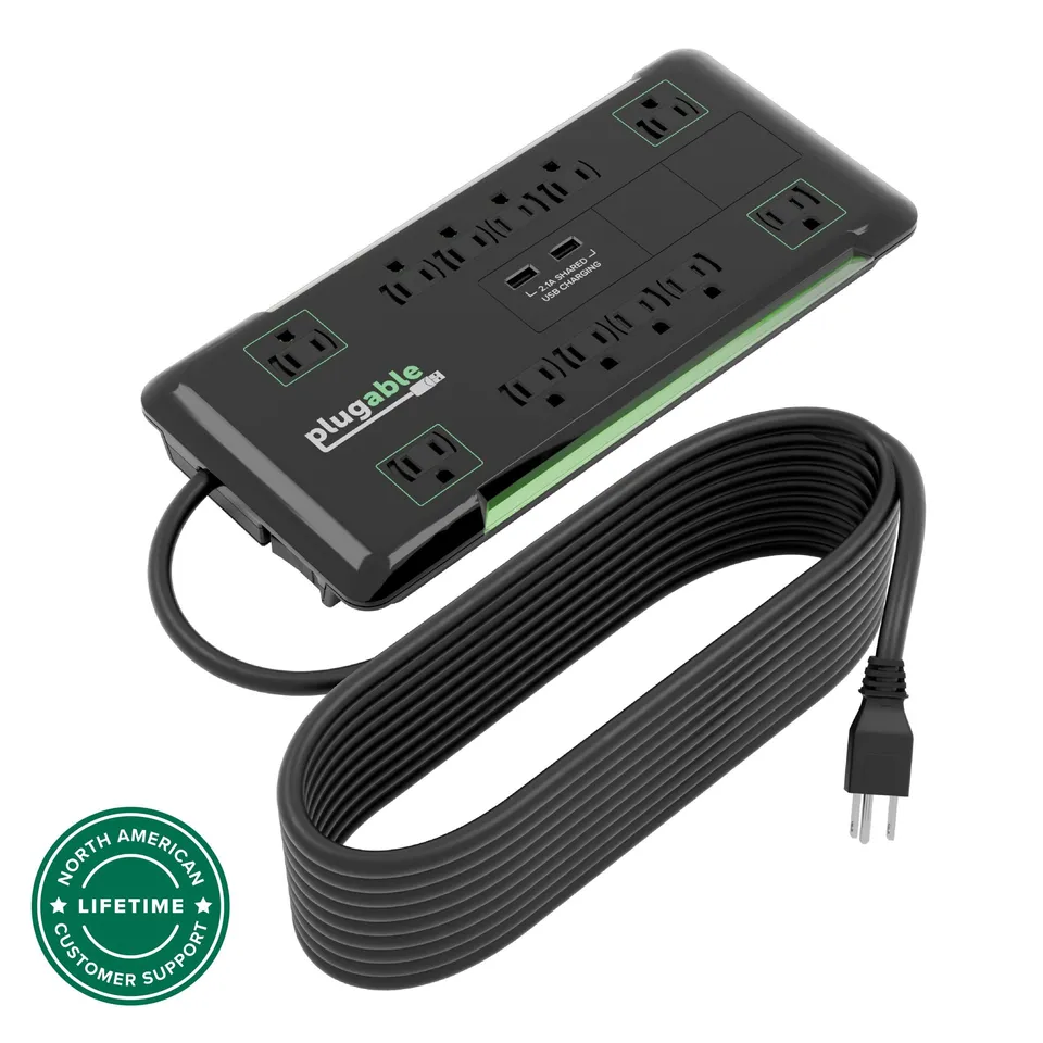 plugable-12-outlet-power-strip-with-2-port-usb-charger-25ft-7-6m-cable image 1