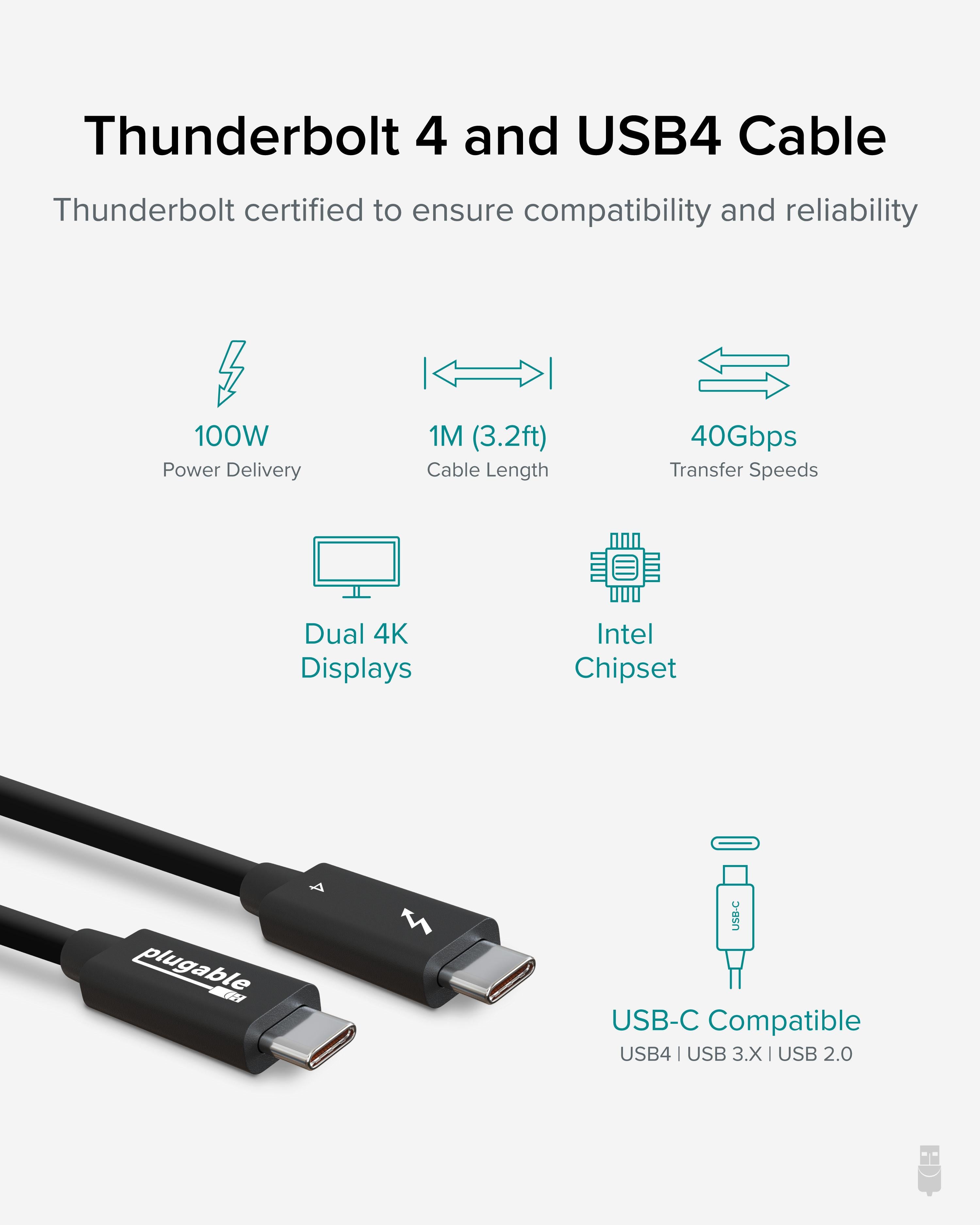 plugable-thunderbolt-4-cable-3-3ft-1m-40gbps-100w-usb4-compatible image 2