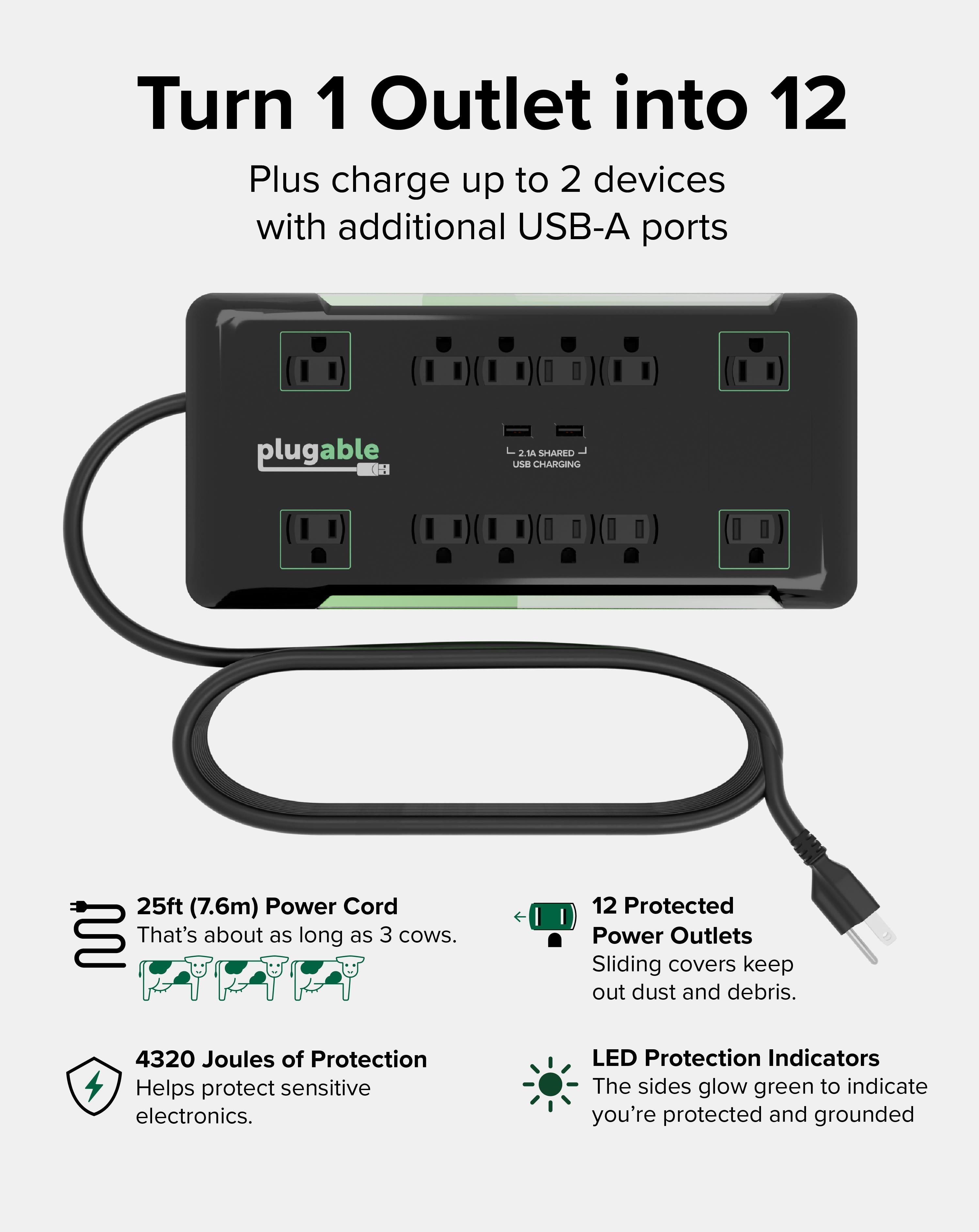 plugable-12-outlet-power-strip-with-2-port-usb-charger-25ft-7-6m-cable image 2