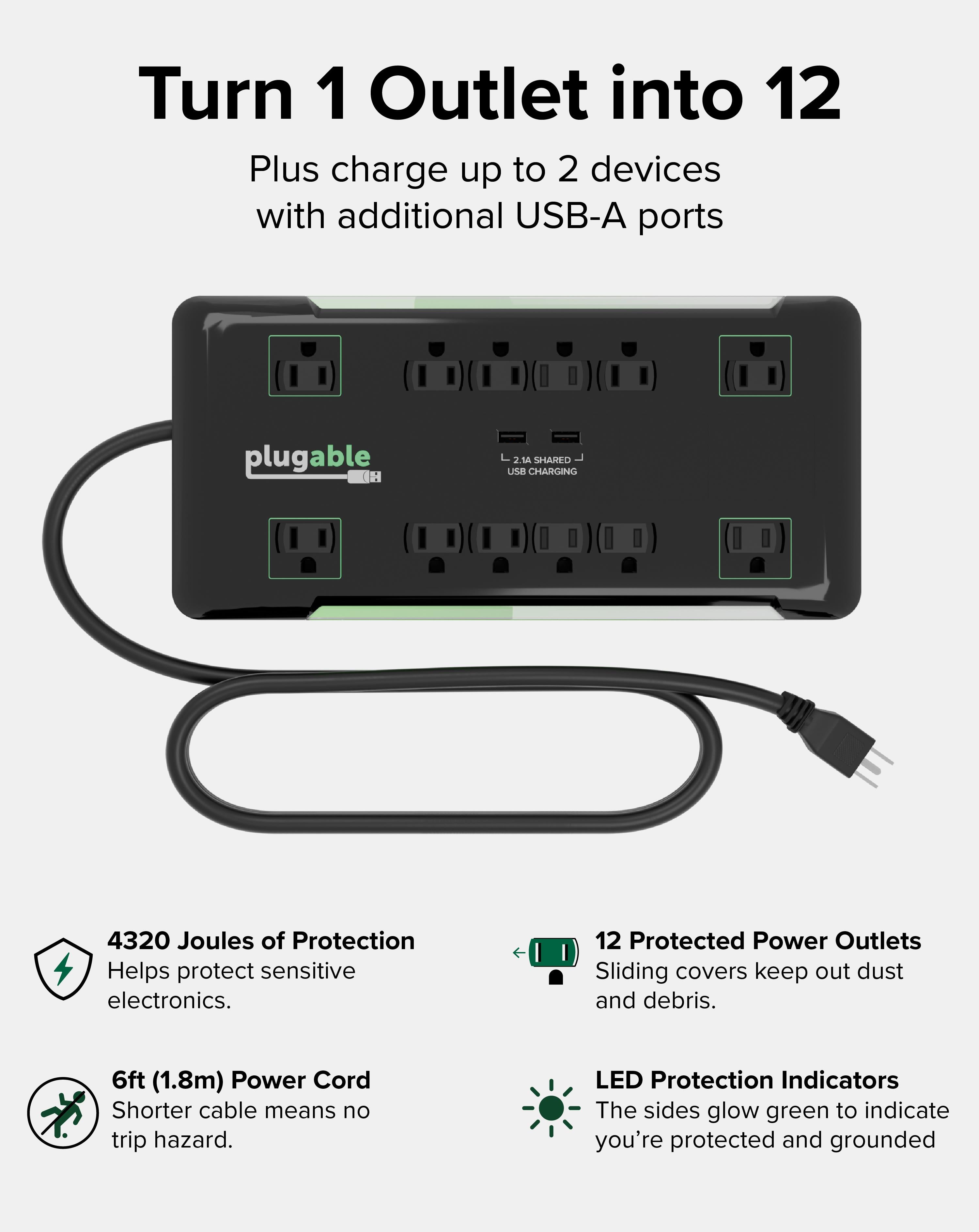 plugable-12-outlet-power-strip-with-2-port-usb-charger-6-ft-cord image 2