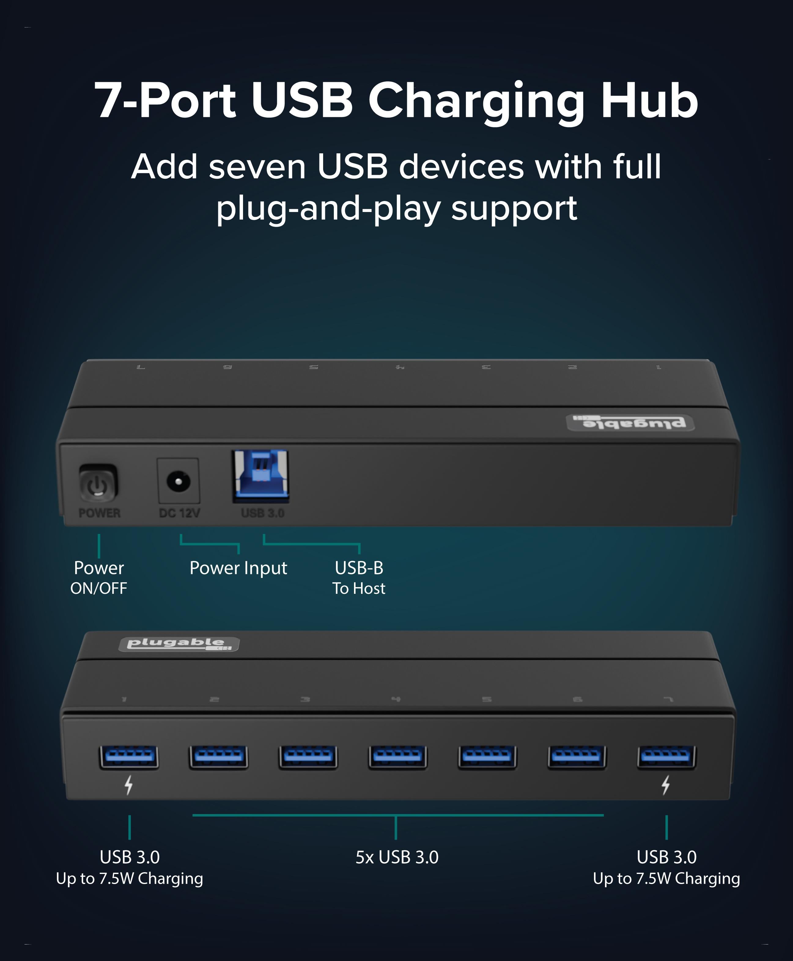 plugable-usb-3-0-7-port-hub-with-2-charging-ports-and-36w-power-adapter image 2