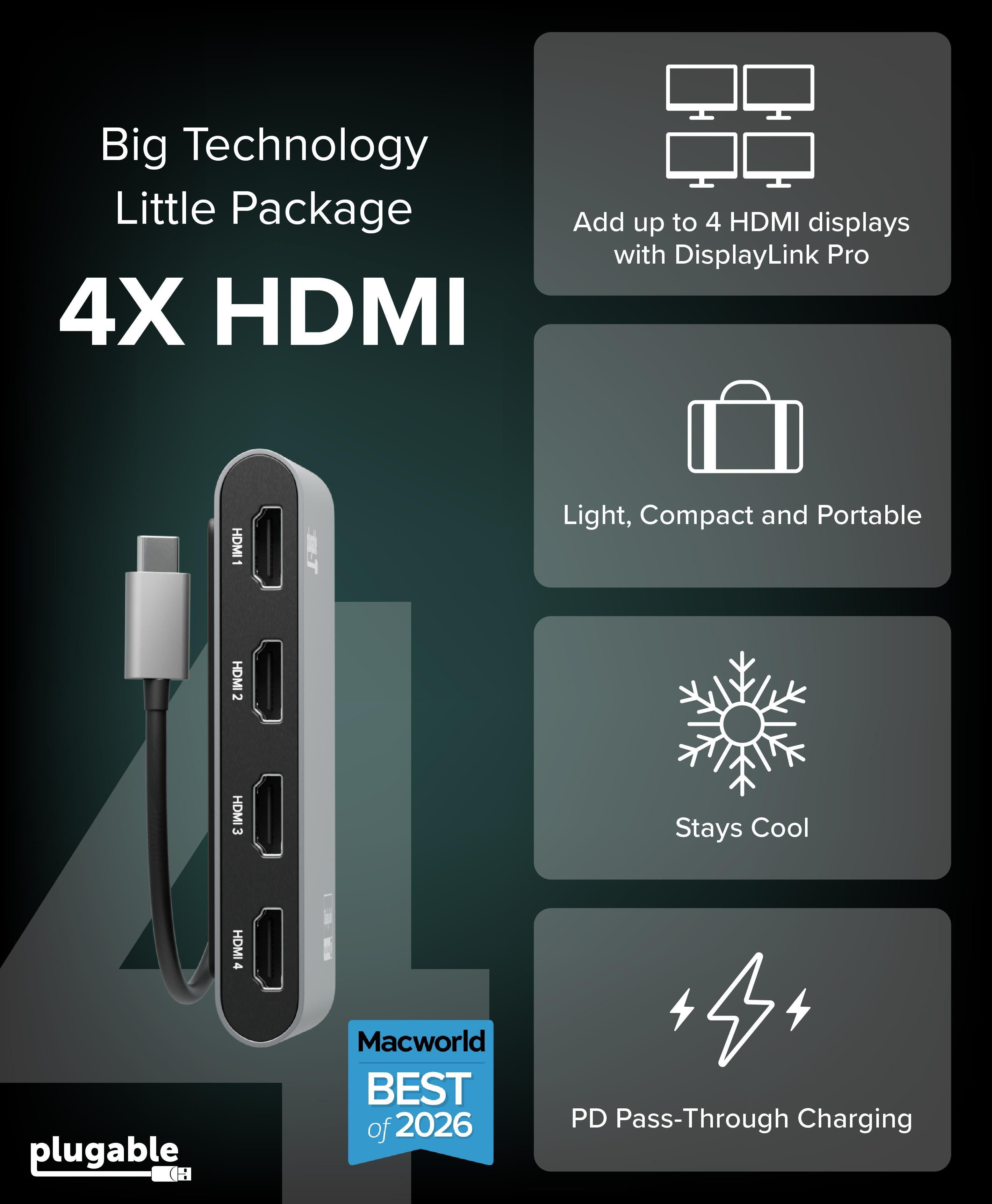 plugable-usbc-7400h4-usb-c-quad-4k-hdmi-graphics-adapter-with-100w-pd image 3