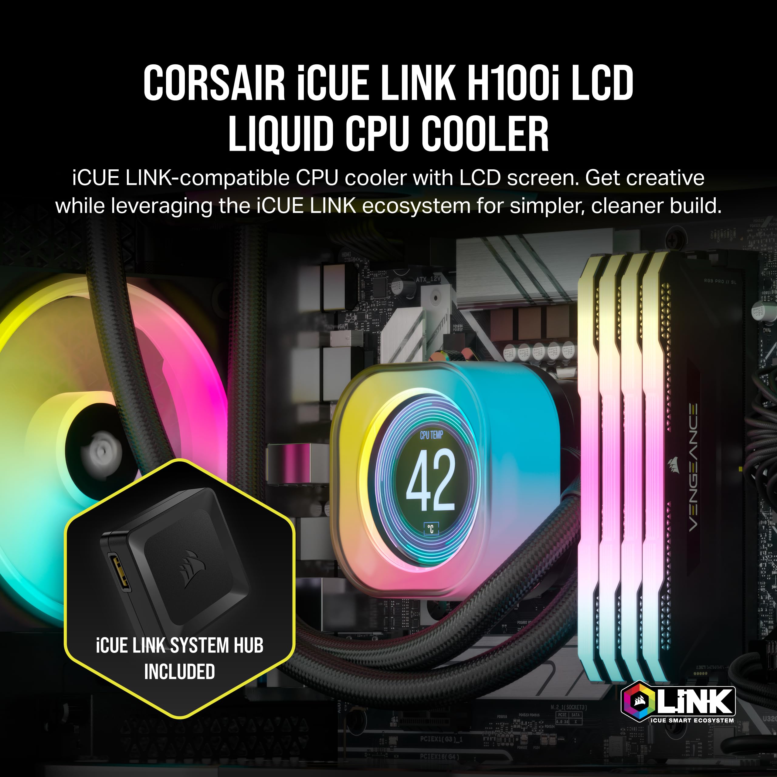 corsair-icue-link-h100i-lcd-liquid-cpu-cooler-240mm-aio-black image 2