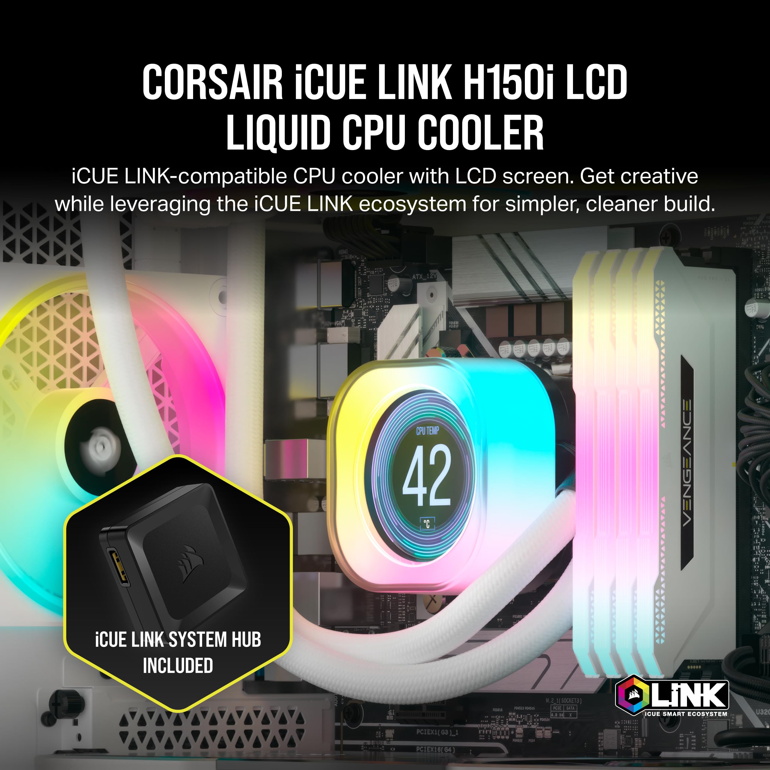 corsair-icue-link-h150i-lcd-liquid-cpu-cooler-360mm-aio-white image 2
