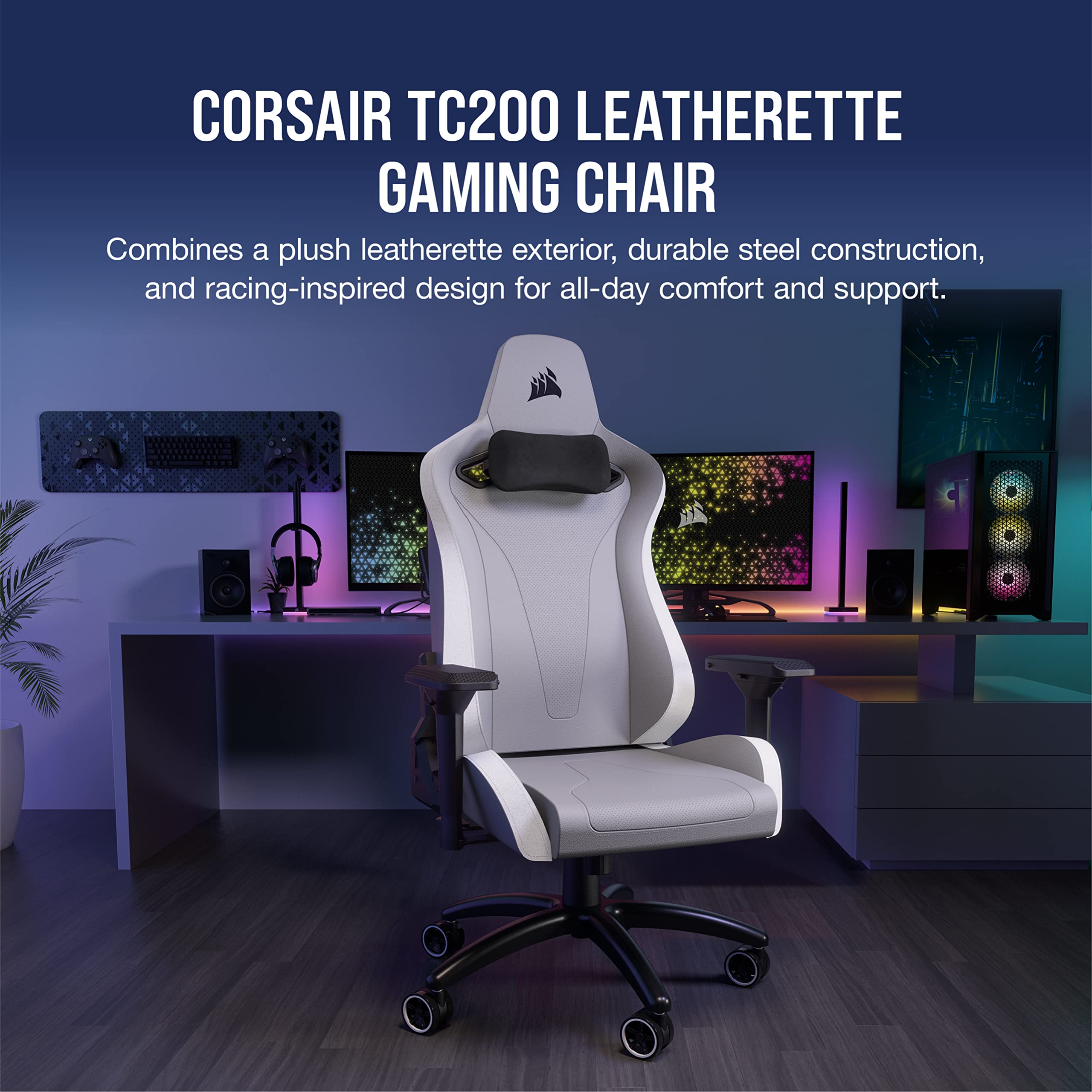 corsair-tc200-leatherette-gaming-chair-standard-fit-light-gray-and-white-adjusta image 3